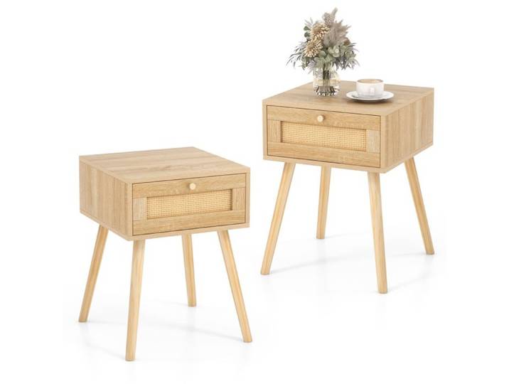 Lot de 2 Table de Chevet COSTWAY-Décoration en Rotin-Tiroir avec Poignée-Table d'Appoint en Bois avec Pied en Pin-Style Naturel