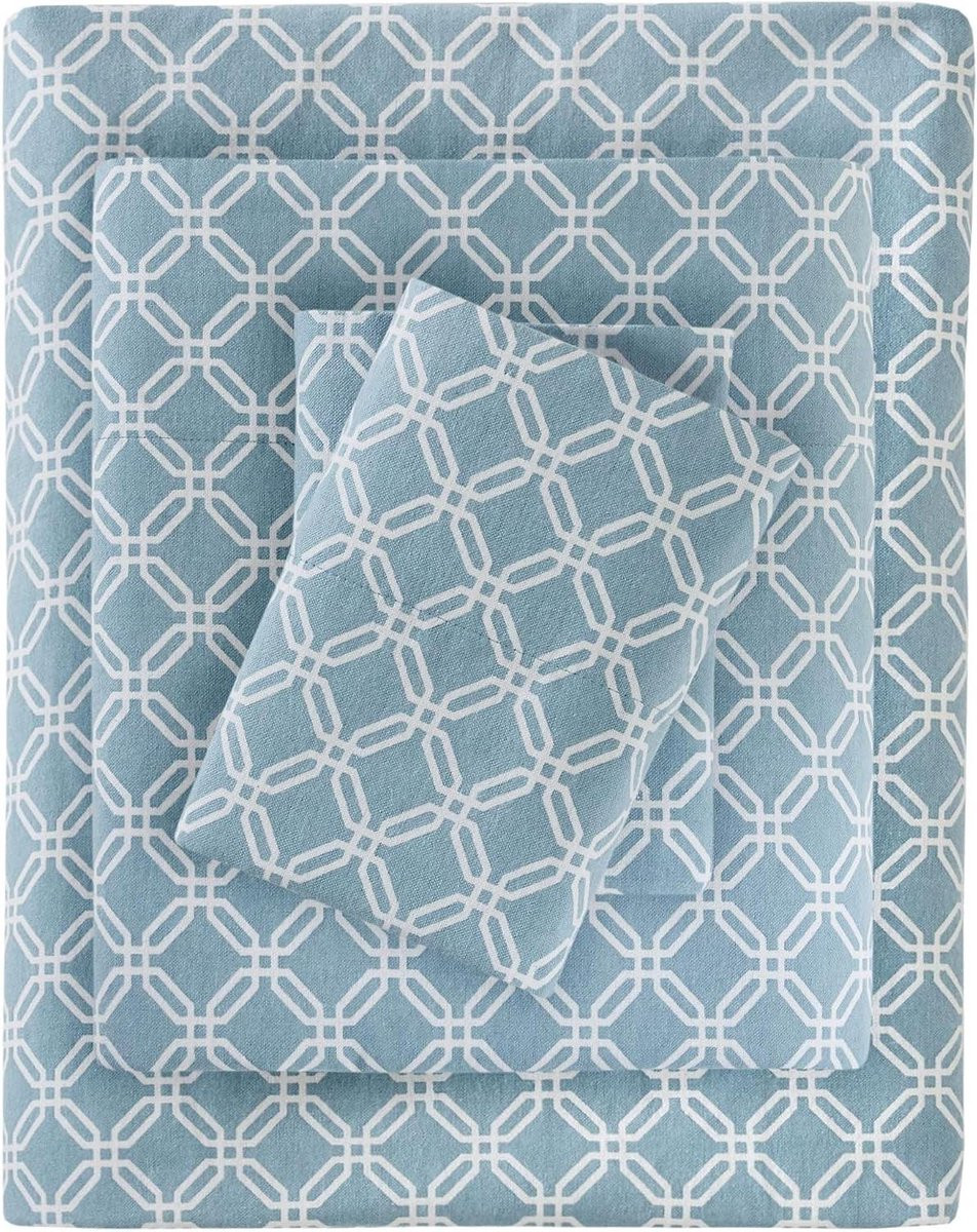 3-delig katoenen flanel beddengoed set blauw geo voor volwassenen