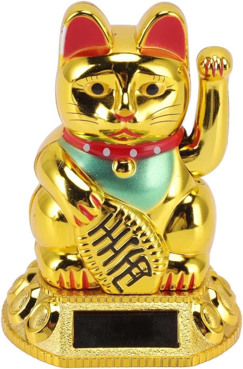 SnelShoppen Chinese Lucky Cat Decoratie met Zonnepaneel en Bewegende Arm - Gouden Gelukskat voor Thuis en Auto