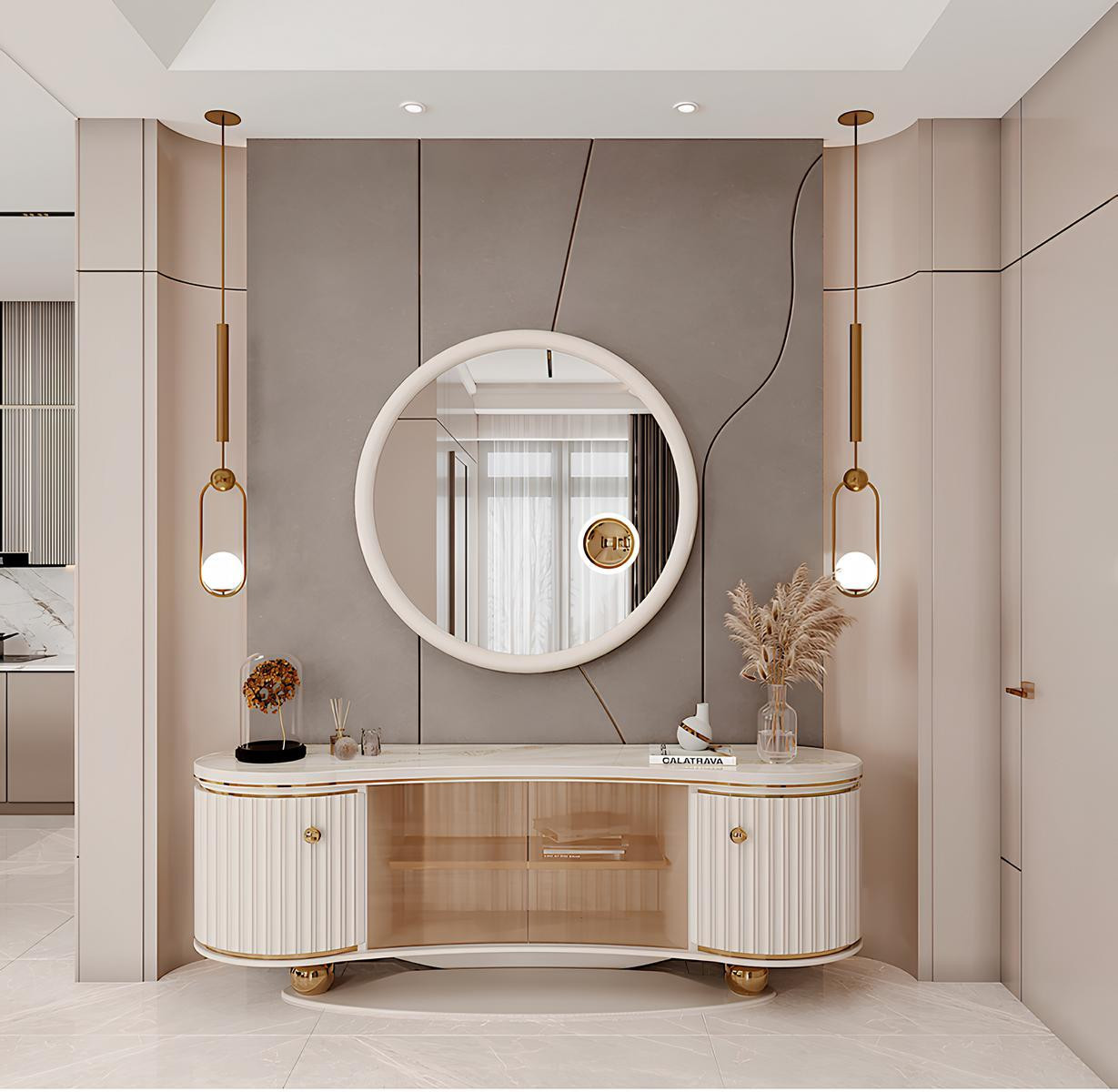 JVmoebel Beige console met spiegel en gouden details
