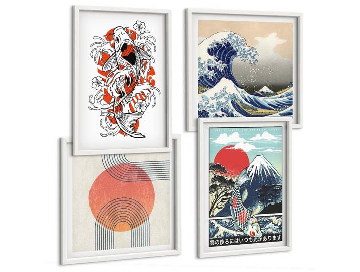 BILDER SET 4er Set - 50x50 cm & 40x60 cm Weißer Rahmen - Illustrationen von Fischbergen, die sich in Japan ausbreiten