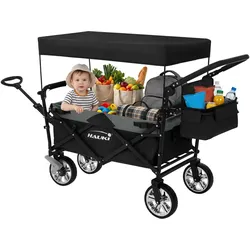 BOLLERWAGEN faltbar mit Dach XXL Schwarz-Grau Handwagen für Kinder Strand Picknick