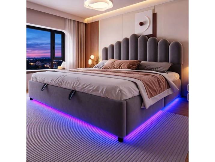 WUVRIE Lit coffre 180 x 200 cm en velours gris LED sommier à lattes tête de lit rembourrée