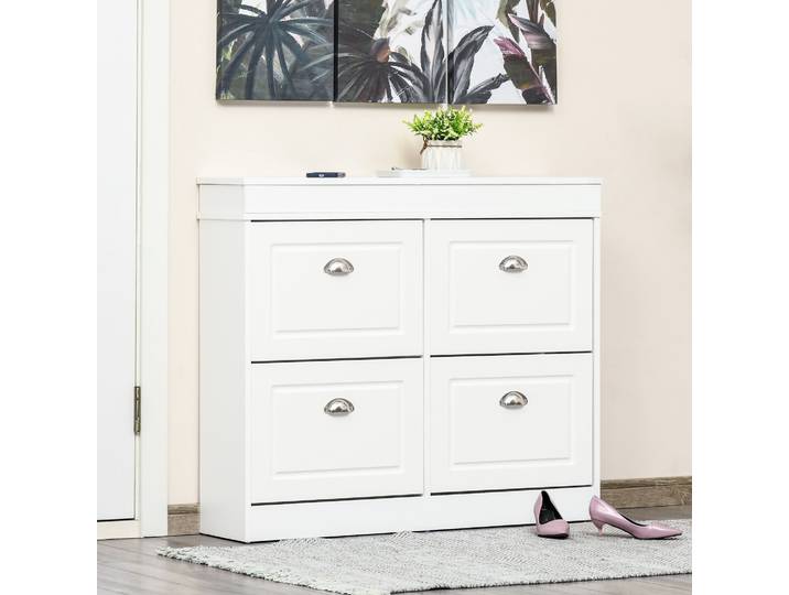 HOMCOM Armoire Chaussures Blanche 98x24x83cm 4 Portes MDF