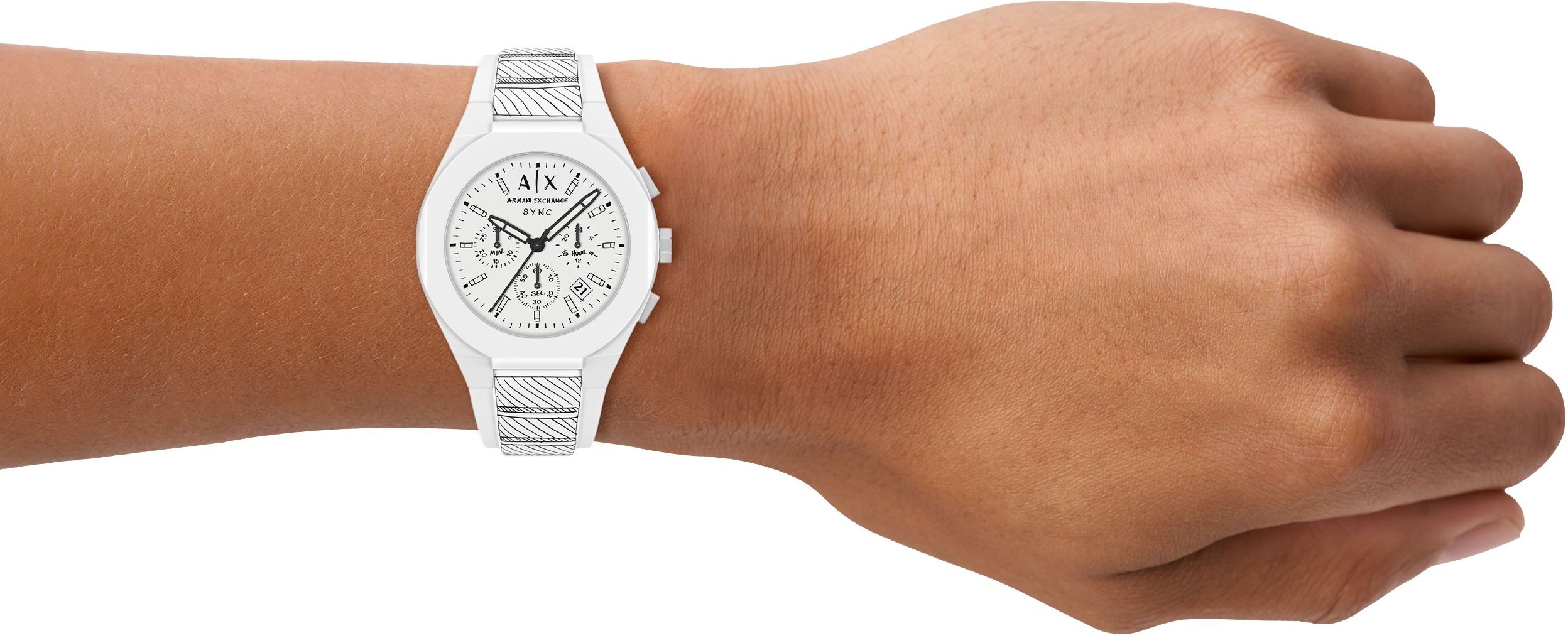 Chronograph ARMANI EXCHANGE "SYNC", weiß, Armbanduhren, Herren, Chronograph, Quarzuhr, Armbanduhr, Silikonarmband, analog, Tag, Stoppfunktion