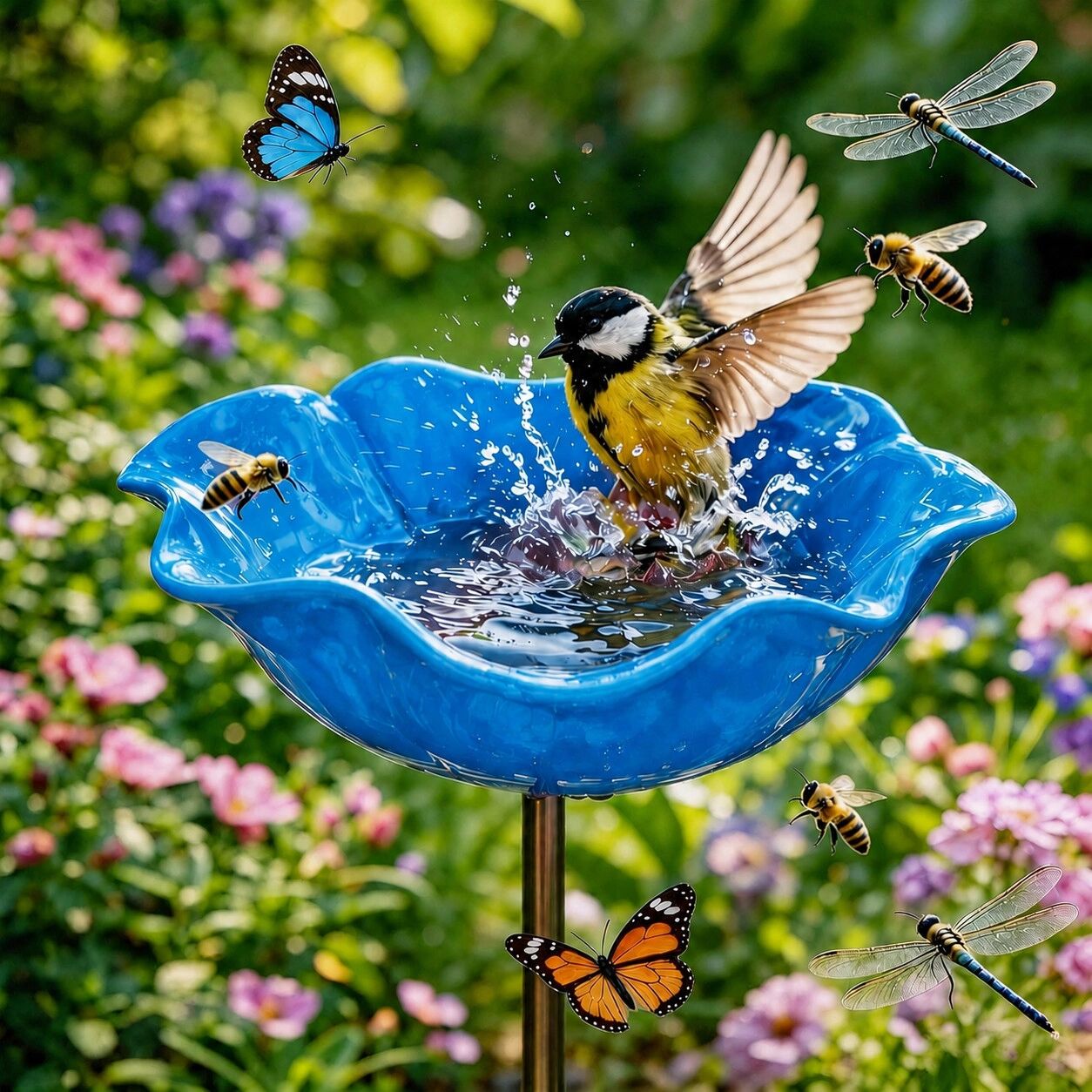 INF Handgefertigter Metall-Blumen-Gartenstab mit Vogelfutterstelle und Vogeltränke – Blau, 15cm x15cm x60cm