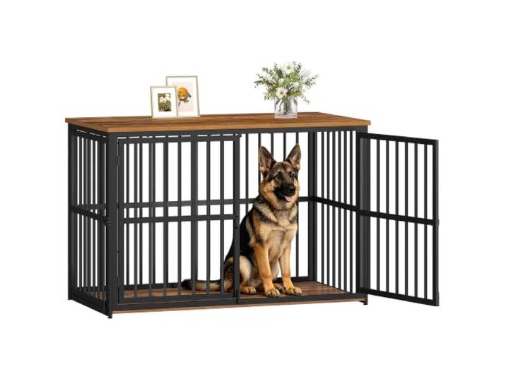 Fobyfurny Hundekäfig Möbel, Hundebox, 120x65x81 cm Vintagebraun und Schwarz Hundebox für Zuhause mit 3 Türen, Beistelltisch, Hundekäfig Hochbelastbar, Hundebox Holz Indoor für Großhunde FPDC013FD1