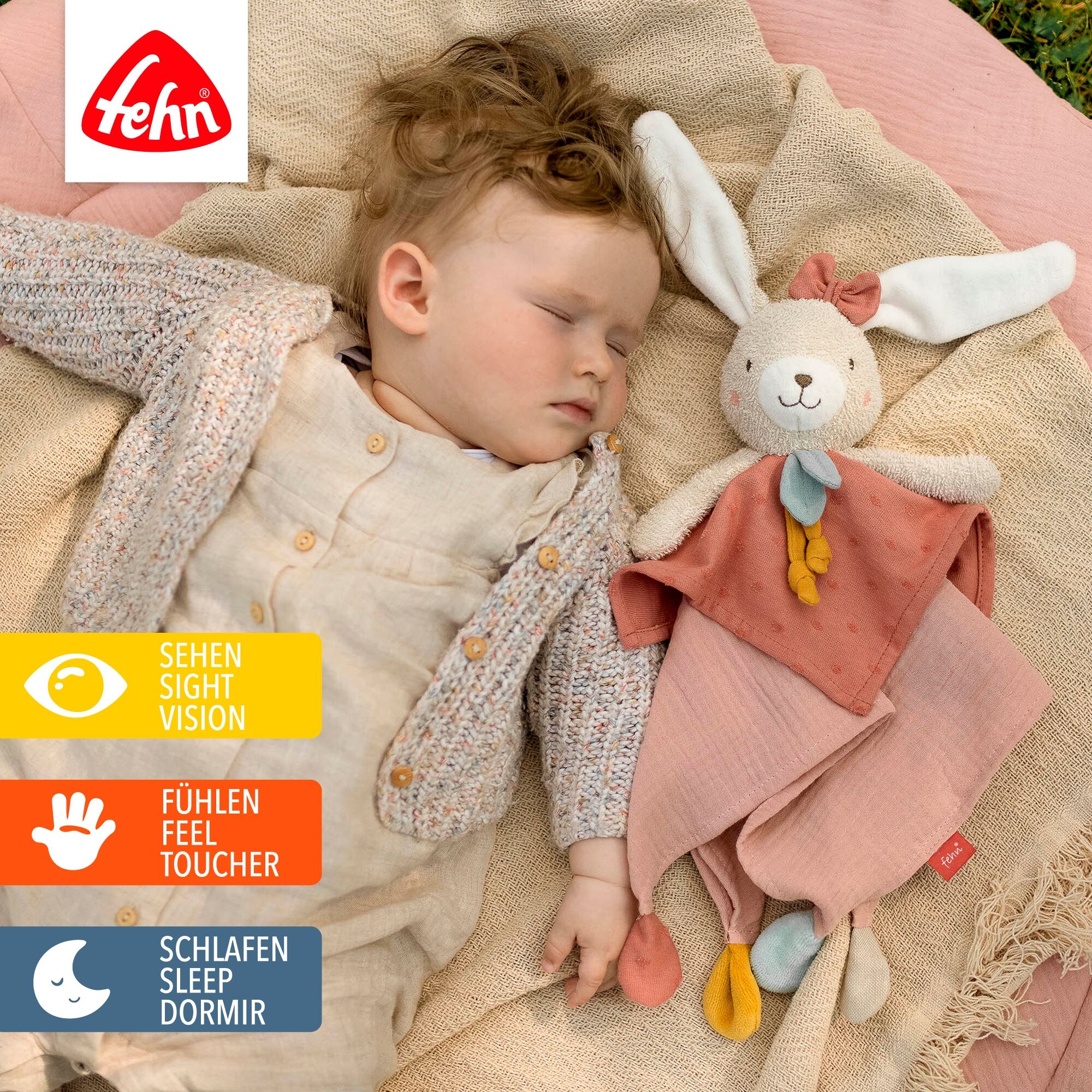 Schmusetuch FEHN "Schmusetuch Hase", Baby, bunt, Baumwolle, Plüsch, Schnuffeltücher Schmusetuch, mit Befestigungsring für Schnuller bunt Einheitsgröße