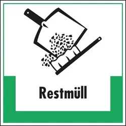 Aufkleber I Abfallkennzeichen Restmüll, mit Symbol und Text, Folie, selbstklebend, 100x100mm