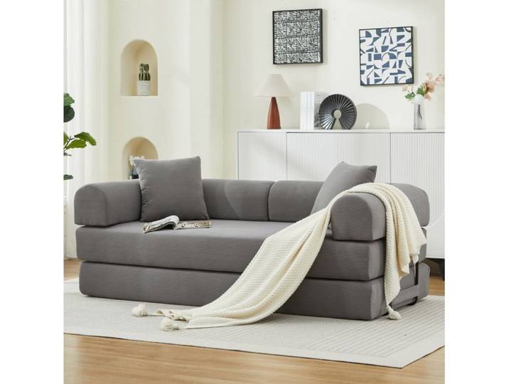 Canapé-Lit Convertible Dépliable Sans Montage avec 2 Coussins en Velours Côtelé Gris 200 × 90 × 75 cm