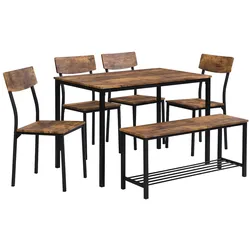 STILVORA Essgruppe Esstisch Set Braun 110x70x75 cm mit 4 Stühlen Bank mit Ablage Industrie Design MDF Stahlrahmen pflegeleicht kompakt
