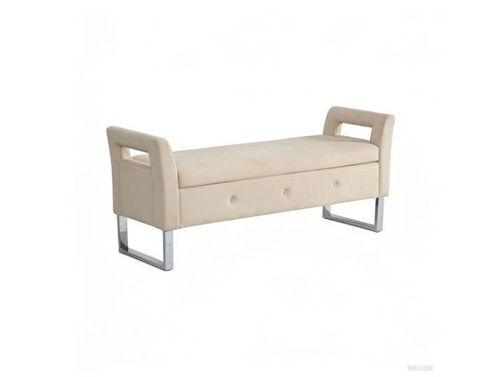 Banc Coffre - Bout de Lit Velours Capitonnée Beige - Banquette de Rangement - Design Pieds Métal - 138x51x60.5cm
