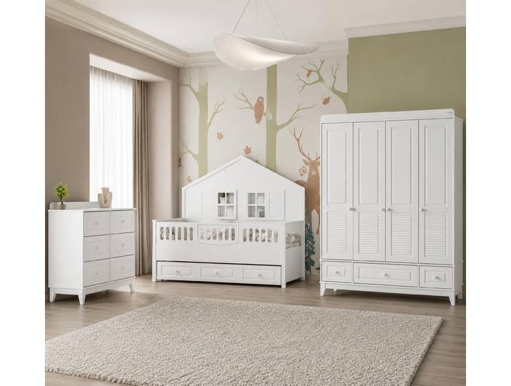 JVmoebel Kinderbett Weißes Kinderzimmer Set mit Kinderbett Kleiderschrank und Kommode, Made in Europa