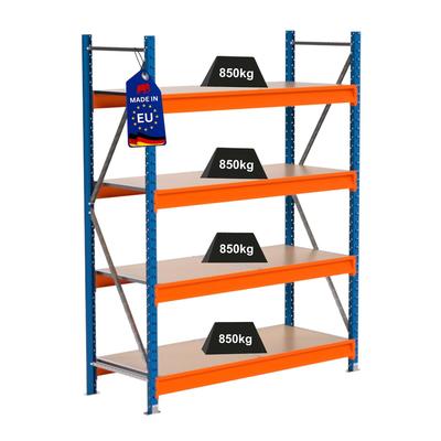 PROREGAL Industrie Schwerlastregal MAXIMUS PRO, Grundregal, HxBxT 200x150x60cm, 4 Ebenen, Spanplatten-Fachboden, Fachlast 850 kg, Blau/Orange