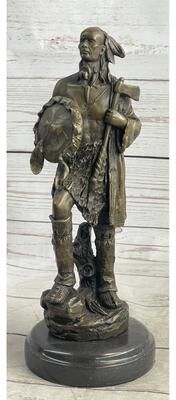 Bronzhaus Native American Warrior W/ Tomahawk Bronze Sculpture Statue On Marble Base