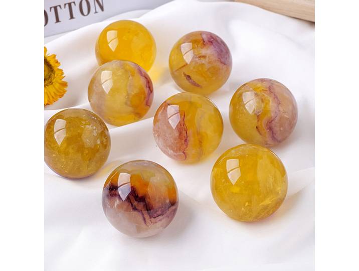 Sphère de pierres précieuses polies en Fluorite jaune naturelle, Mica violette, tableau de sept étoiles, Chakras de guérison énergétique, ornement, décoration de jardin de maison