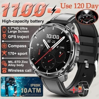 Inspired Finds T Rex3 Pro Military GPS Smartwatch 1100mAh Battery Compass Outdoor Rugged Watch black Leather