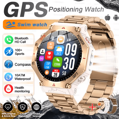 Inspire Curations T Rex 3 Ultra Military AMOLED GPS Smartwatch With 10ATM Waterproof & Bluetooth Call gold Steel 2a
