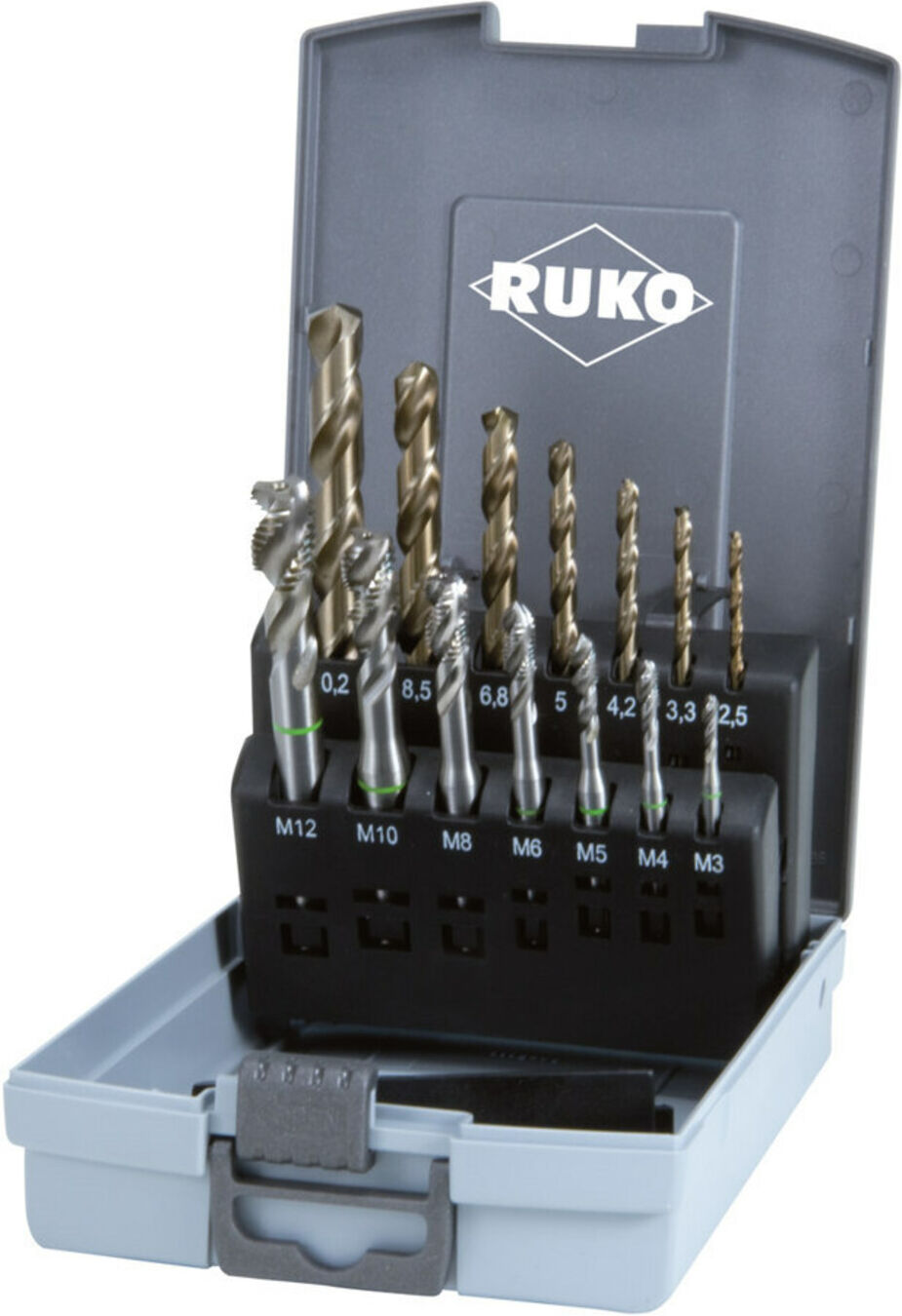 RUKO HSS Co 5 Maschinengewindebohrer-Satz Form C 35° für metrische Gewinde in Sacklöchern, Gewindegrößen M3-M12, 14-teilig, 245052RO)