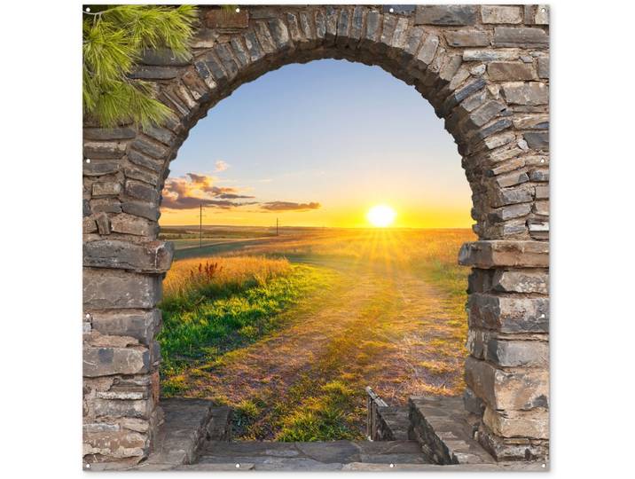 Tuinposter - Doorkijk - Platteland - Zonsondergang - Akker - Boeren - 200x200 cm - Schuttingposter - Tuinposter doorkijk