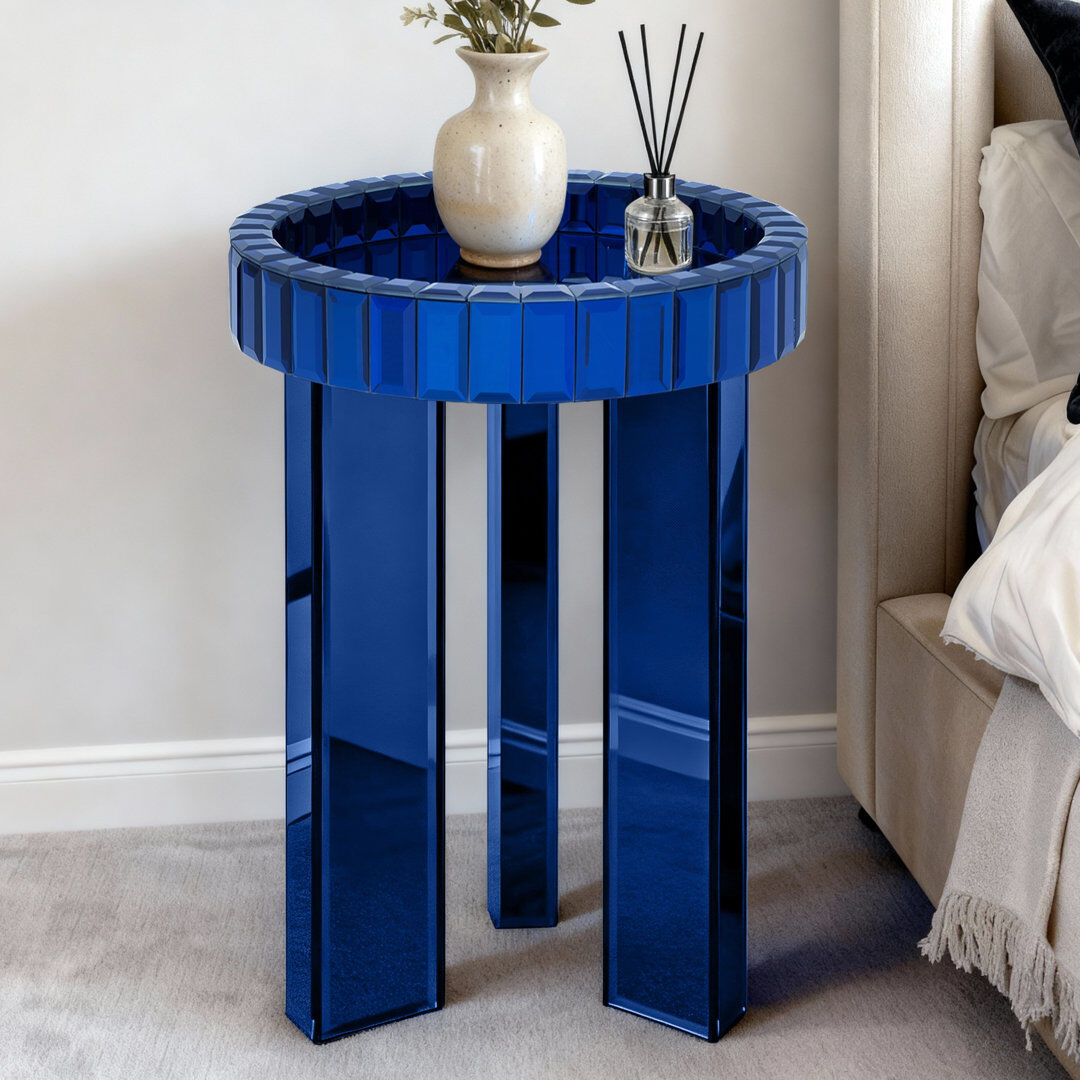 Canora Grey Round Mirrored Glass Tray Top Side Table Sofa End Table Modern Contemporary Glam Stylish Blue 59cm H X 40cm W X 40cm D