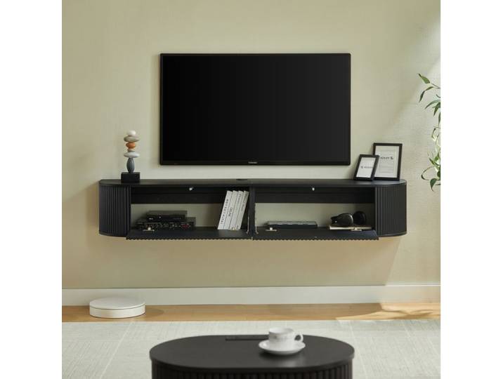 WOVREO Meuble TV mural 180 cm noir grand rangement passage de câbles 2 portes panneaux de particules et MDF