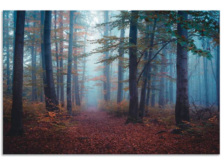 Alu-Dibond-Druck ARTLAND Wald im Nebel , rot (farbe bild(er): rot), B:90cm H:60cm, Bilder, Alu-Dibond-Druck, als Alubild in verschied. Grössen