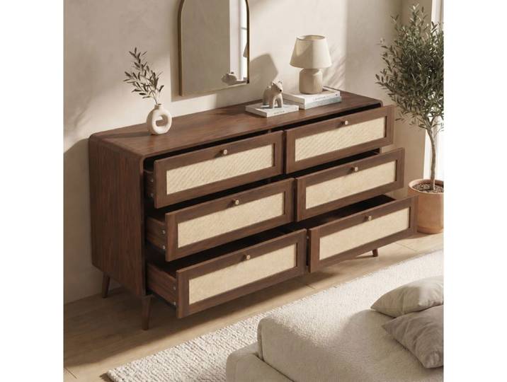 MEUBLIV Commode 6 tiroirs 120 cm noyer façades effet rotin MDF pieds hauts