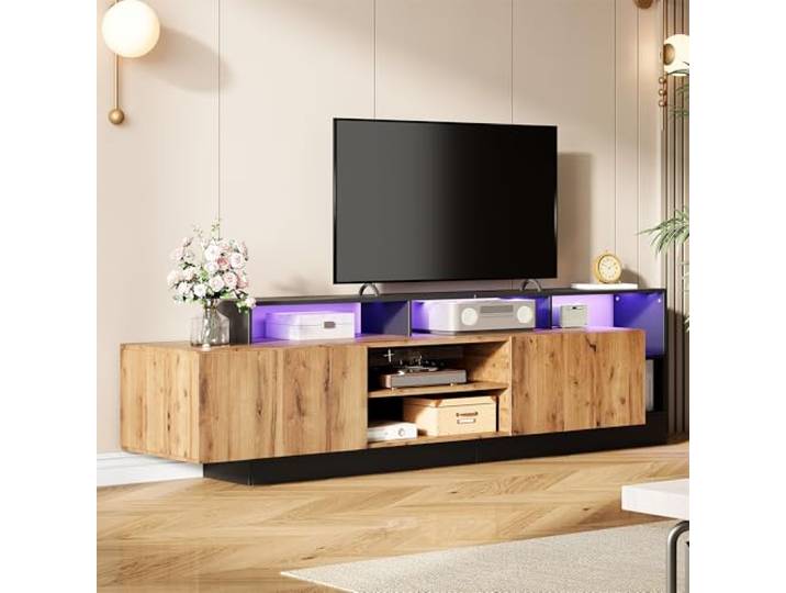 Merax TV-Schrank mit LED-Beleuchtung, Lowboard Sideboard für Fernseher bis zu 70 Zoll, Fernsehtisch mit 2 Falttüren, offenen Fächern, TV Möbel für Wohnzimmer, Esszimmer, Schlafzimmer, Eiche & Schwarz