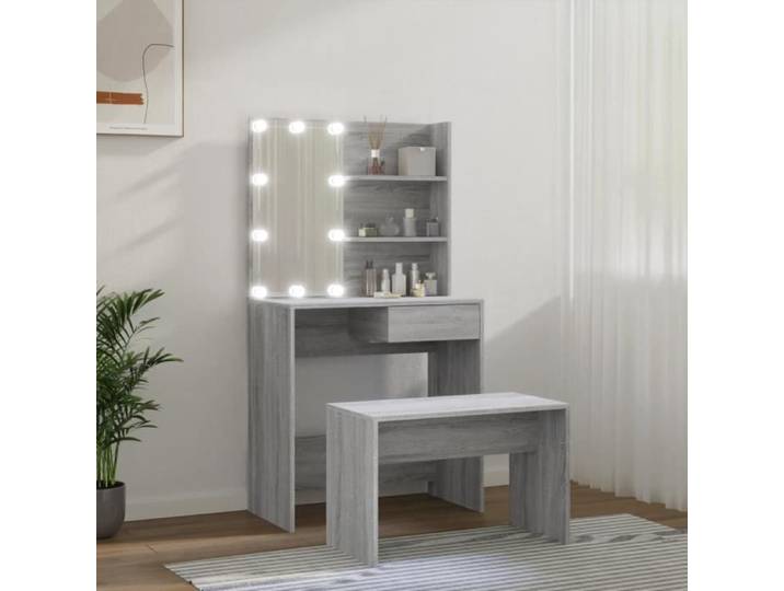 Ensemble de coiffeuse - ESTINK - Modèle YN2258 - Bois d'ingénierie - LED - Sonoma gris