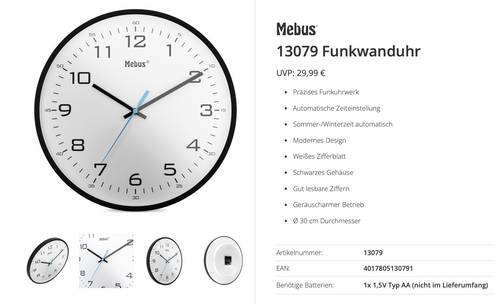 Mebus 13079 Funk Funkuhr 30 cm Schwarz Leisegang-Uhrwerk