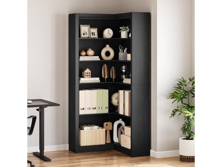 Zstar Eckregal Schwarz 182 cm, Reliefstruktur, L-Form, 5 Ebenen Eckregal In L-Form Mit Reliefstruktur 5 Offene Ebenen 80 x 80 x 182 cm Schwarz