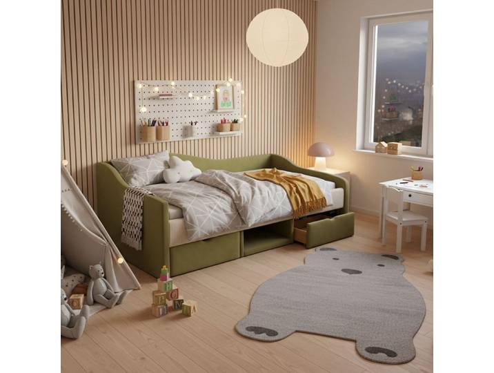 Lit enfant 90x190cm lit simple canapé-lit avec 2 tiroirs - velours vert