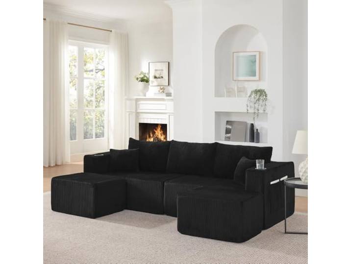 XINGNING L-Form Modulares Ecksofa 3-Sitzer Cordstoff Sofa mit Ottomanen Getränkehalter Seitentasche Kissen für Wohnzimmer Hotel Mietwohnung (Black-1)