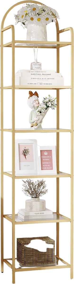 TamTrade Boekenkast met glazen deuren en gouden metalen frame, 6 niveaus, Hoogte: 178,5 cm