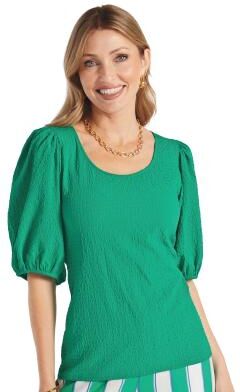 Masseys Textured Bubble Hem Sleeve Top (Size 5X) Vibrant Emerald, Elastine,Polyester