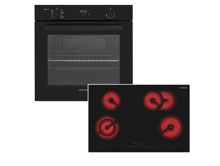 Daewoo Elektro-Herd-Set Einbaubackofen Pyrolyse SoftClose + Glaskeramik Kochfeld Zweikreiszone, Pyrolyse-Selbstreinigung