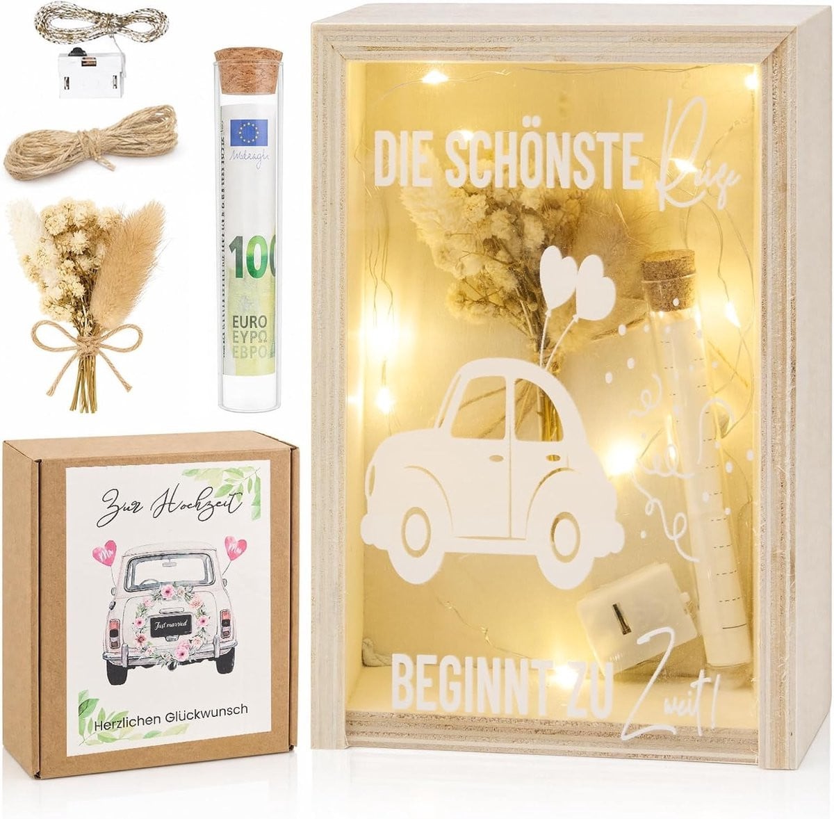 Originele acryl geschenkdoos voor bruiloft met gedroogde bloemen en LED-lichtketting