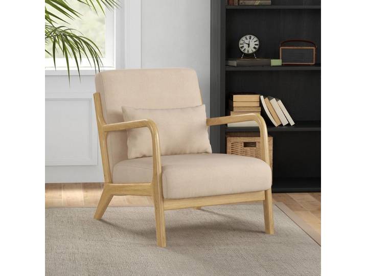 Fauteuil lounge homcom - tissu velours beige - structure bois hévéa - accoudoirs - assise profonde - 3 coussins inclus