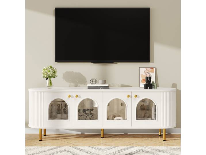 Meuble TV bas PINGGO avec portes en verre, poignées et pieds dorés, meuble de rangement pratique pour salon