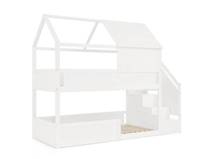 Modfu Etagenbett aus Massivholz 80x200 cm Weiß mit Treppe, Dachdesign und Sicherheitsgeländer, Holz, 80x200 cm, Babymöbel & Kindermöbel, Kinderzimmer & Jugendzimmer, Stockbetten