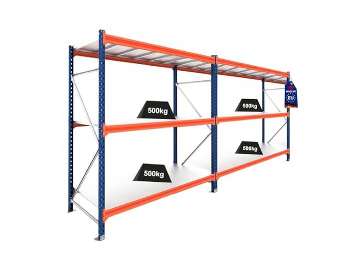 PROREGAL Weitspannregal Schwerlastregal Lagerregal Dominus Komplettregal: 2 Felder HxBxT 200x300x60cm 3 Ebenen Stahlplatten-Fachboden Fachlast 500 kg Blau/Orange