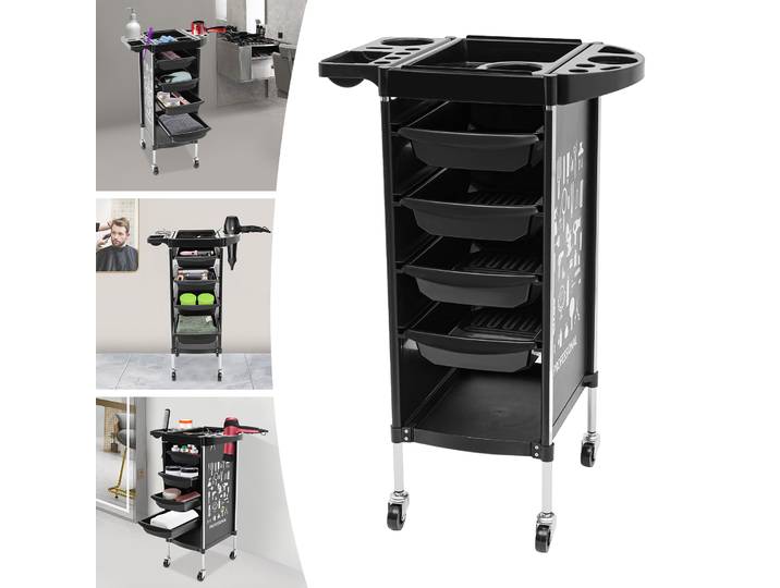 Chariot de beauté pour coiffeur, chariot de salon de coiffure, chariot de barbier avec roulettes et 4 tiroirs coulissants, noir