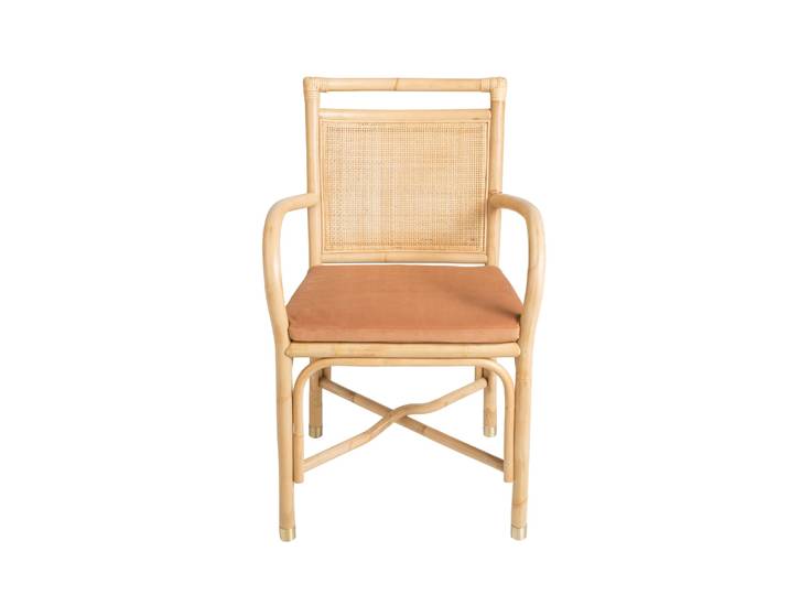 Fauteuil de table rotin et velours ocre