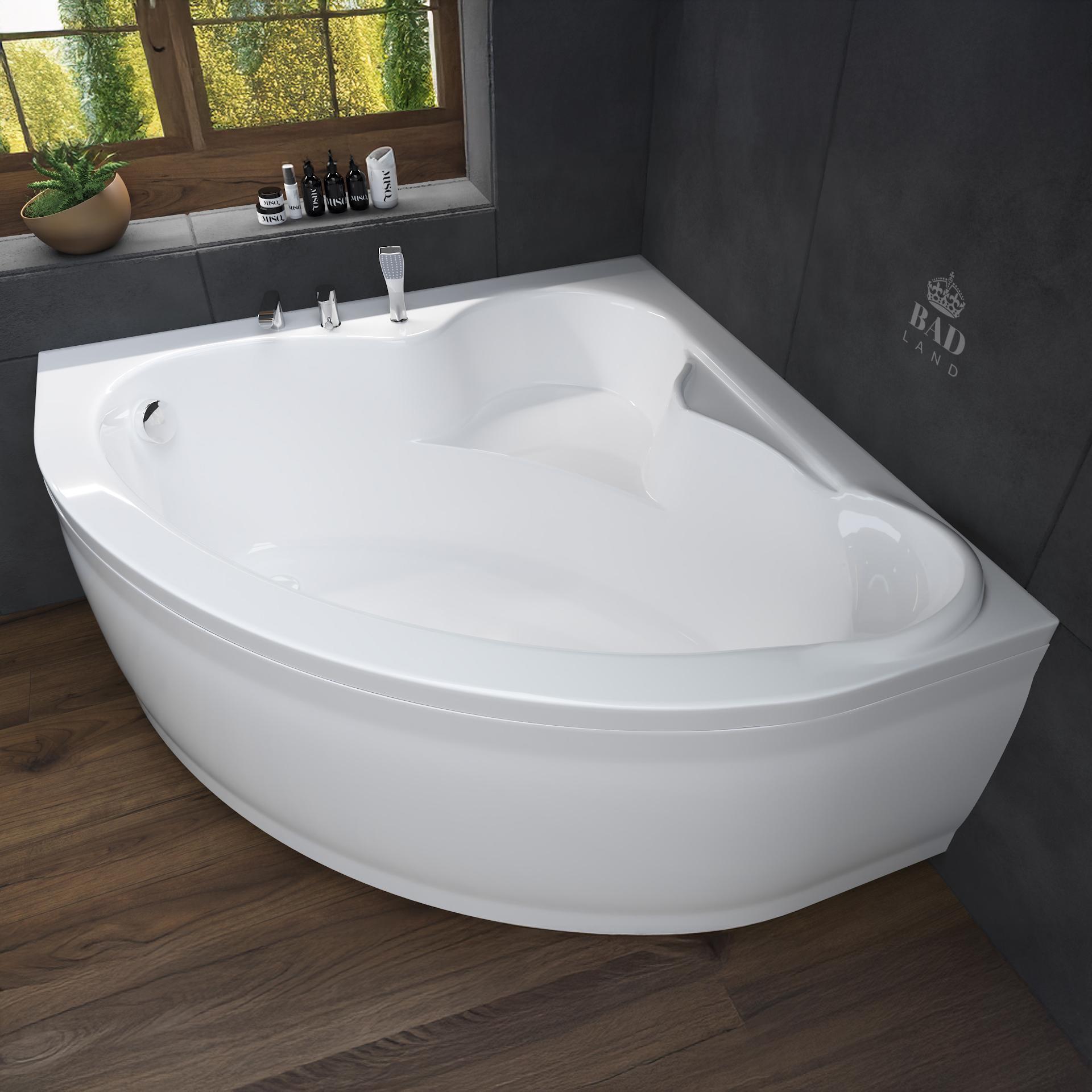 BADLAND Eckbadewanne Badewanne Standard 130x130 mit Acrylschürze, Füßen und Ablaufgarnitur GRATIS