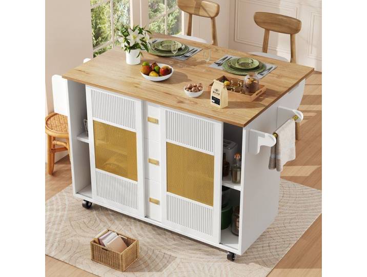 Desserte de Cuisine - Îlot Pliable - 6 Roulettes 360° - Grand Rangement - Rotin Blanc