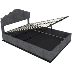OKWISH Polsterbett aus Stoff und Metall in Grau, 140x200 cm, geometrisches Kopfteil, Matratze inklusive
