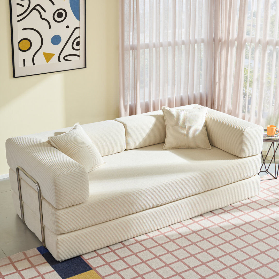 Bloomsbury Market Folding Sofa Bed 200cm King Size, Convertible Modular Sofa, Corduroy Boneless Couch with Metal Frame White Corduroy 65.5cm H X 160cm W X 90cm D