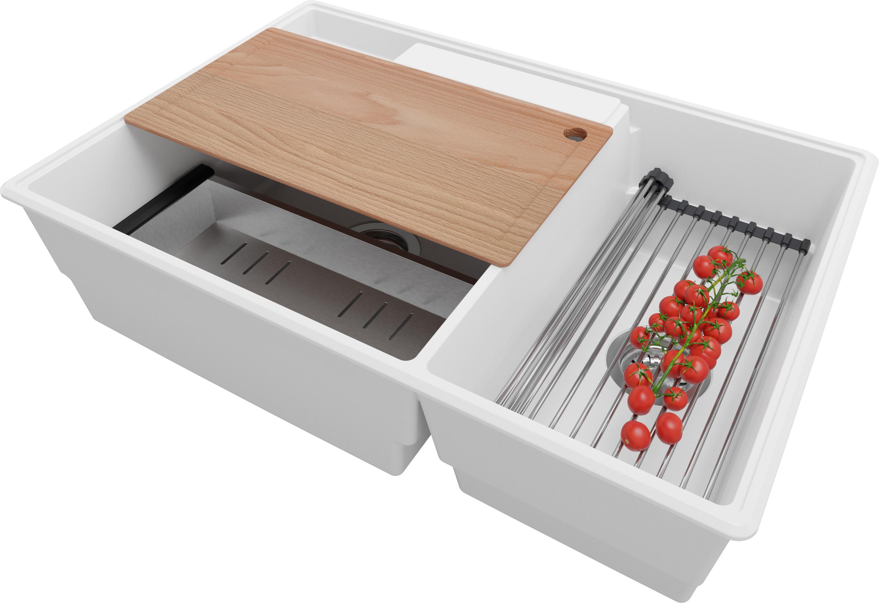 PRIMAGRAN Spülbecken Weiß 78x53cm, Granitspüle 2 Becken + Ablauf-Set + Küchenzubehörset, Küchenspüle ab 80er Unterschrank - Paris