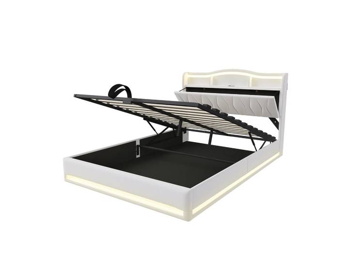 Polsterbett 140x200 cm Beige mit Led, USB und TypeC, Stauraumkopfteil & Bettkasten, Holz, 140x200 cm, Schlafzimmer, Betten, Polsterbetten